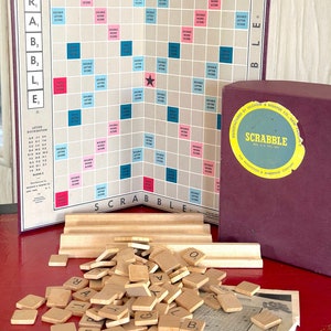 Vintage Scrabble Game with Wooden Tiles and Racks in Original Box