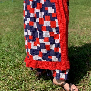 Vintage Quilted Skirt / Patchwork Skirt with Ruffles / Size M-L Vintage Polka Dot Skirt/ Red, White, Blue Clothing / 1970s Maxi Skirt