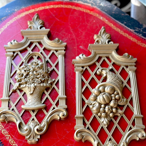 Vintage Syroco Wall Decor, Pair: Gold Scrolling Wall Plaques with Flowers and Fruit / 1970s Wall Decor / Gold Syroco Wall Hangings, Pair