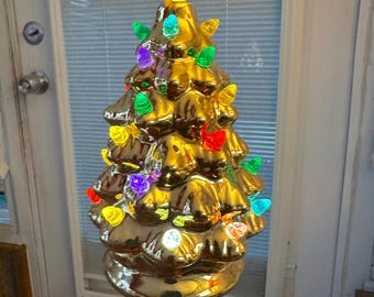 Vintage Battery Operated Ceramic Christmas Tree for Hanging / 6" Gold Light-Up Tree with Hanging Loop and Yellow Star