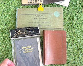 Vintage Office Lot: Small Address Book, Tiny Binder with Paper, Spiral Sketch Book, and Radio Shack Calculator