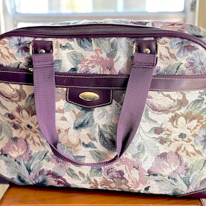 Vintage Tapestry Travel Bag with Burgundy Trim (No Shoulder Strap) by Jaguar / Fabric Carry On Bag / Overnight Bag