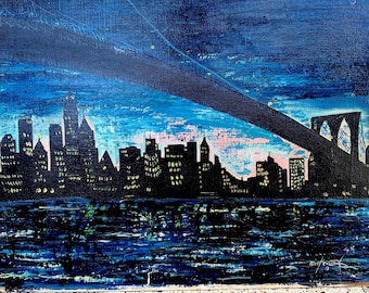 Mid Century Original Oil Painting of "New York By Nite / 1967 Oil on Canvas to Frame / NYC Art