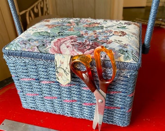 Vintage Floral Sewing Basket in Blue Rattan with Pink Rose on Lid