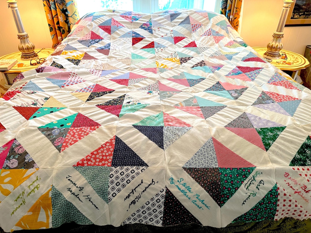 Vintage Hand-stitched Patchwork Quilt Top, Embroidered Names