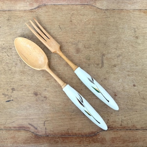 Vintage Wooden Salad Servers with Ceramic Handles Featuring Wheat
