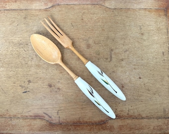 Vintage Wooden Salad Servers with Ceramic Handles Featuring Wheat