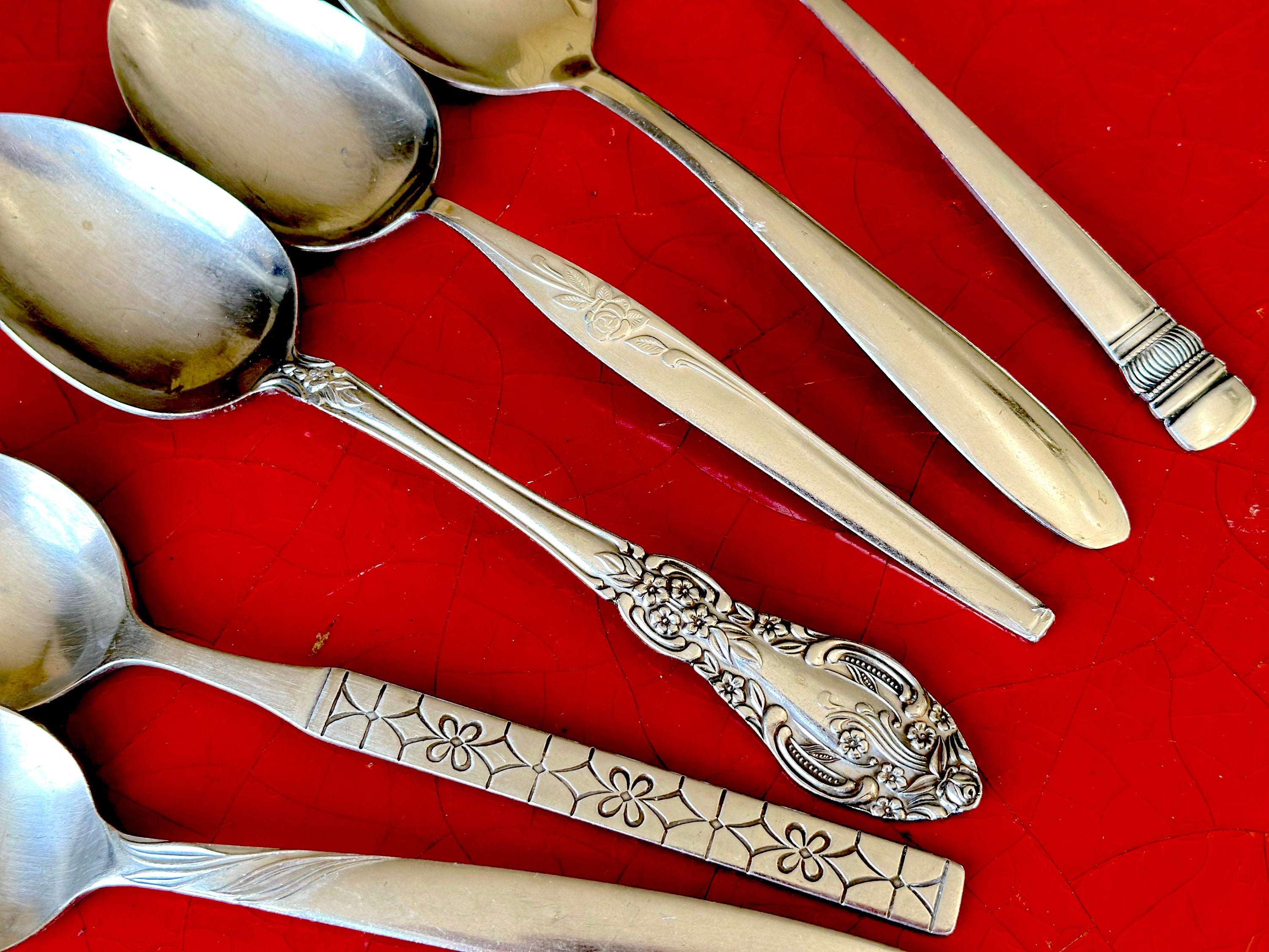 Mid Century Stainless Steel Serving Spoons, Retro Flatware Set of