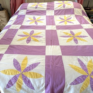 Vintage Handmade Flower Quilt in Purple and Yellow to Stuff and Edge