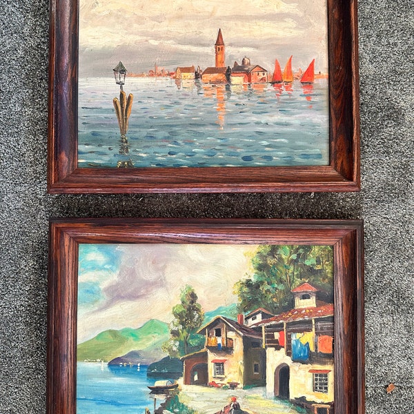 Framed Mid Century Oil Paintings, Coastal Seaside / Small Vintage Oil Paintings Pair Frames