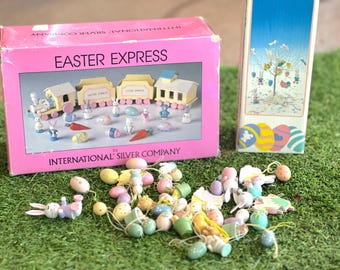 Vintage Easter Tree and Wooden Train with Wooden Ornaments /