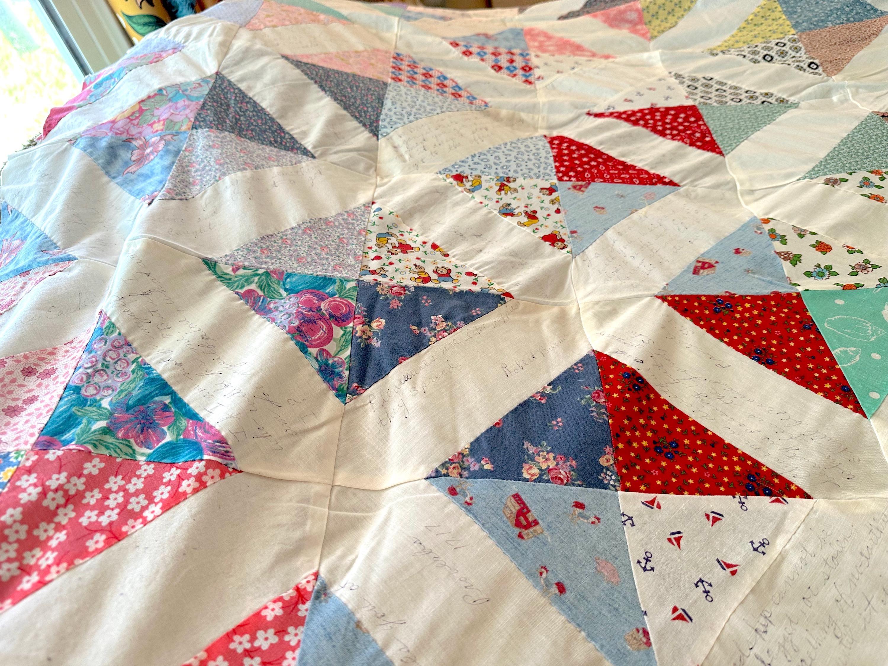 Vintage Hand-stitched Patchwork Quilt Top, Embroidered Names