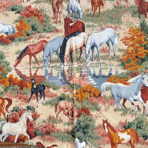 Vintage Horse Fabric / Horses at the Creek Drinking, Horses Running, Mare and Foal Scenes / Long, Narrow Fabric Piece with Different Horses