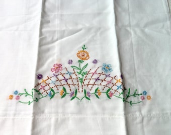 Vintage Embroidered Pillowcases with Fence and Flowers Matching Pair Standard Size