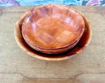 Vintage Wooden Woven Salad Bowl Set of Six 8" Bowls