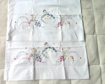 Vintage Embroidered Pillowcases with Angels, Flowers, and Stars Matching Pair Standard Size
