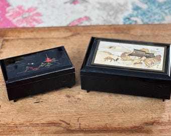 Sweet Pair of Black Lacquered Musical Jewelry Boxes with a Bit of Wear