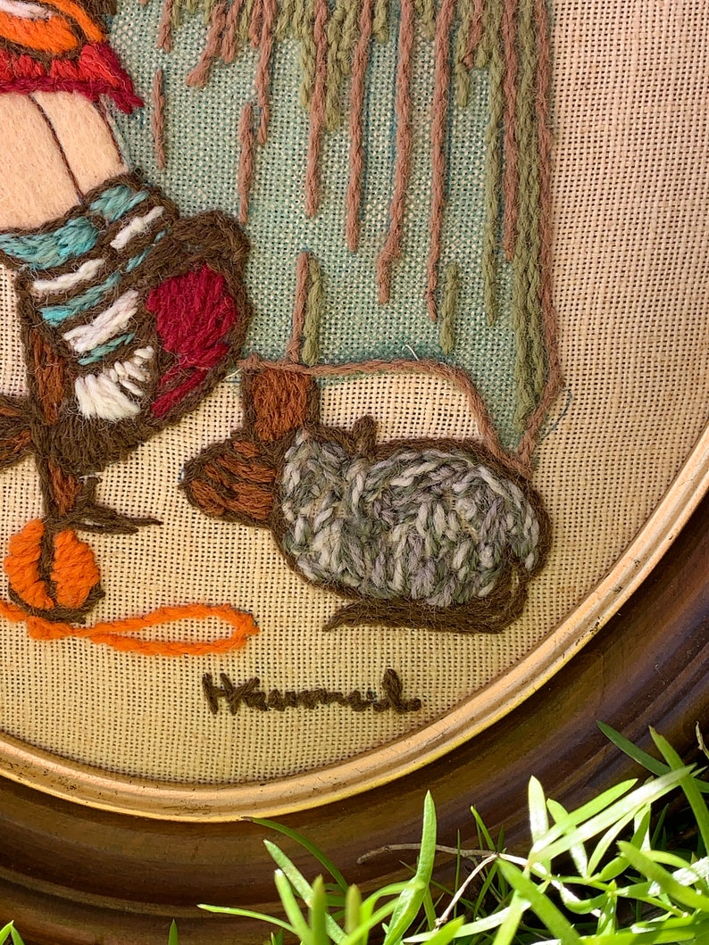 Vintage Hummel Embroidery Framed Crewel Art Child Sewing with Bird