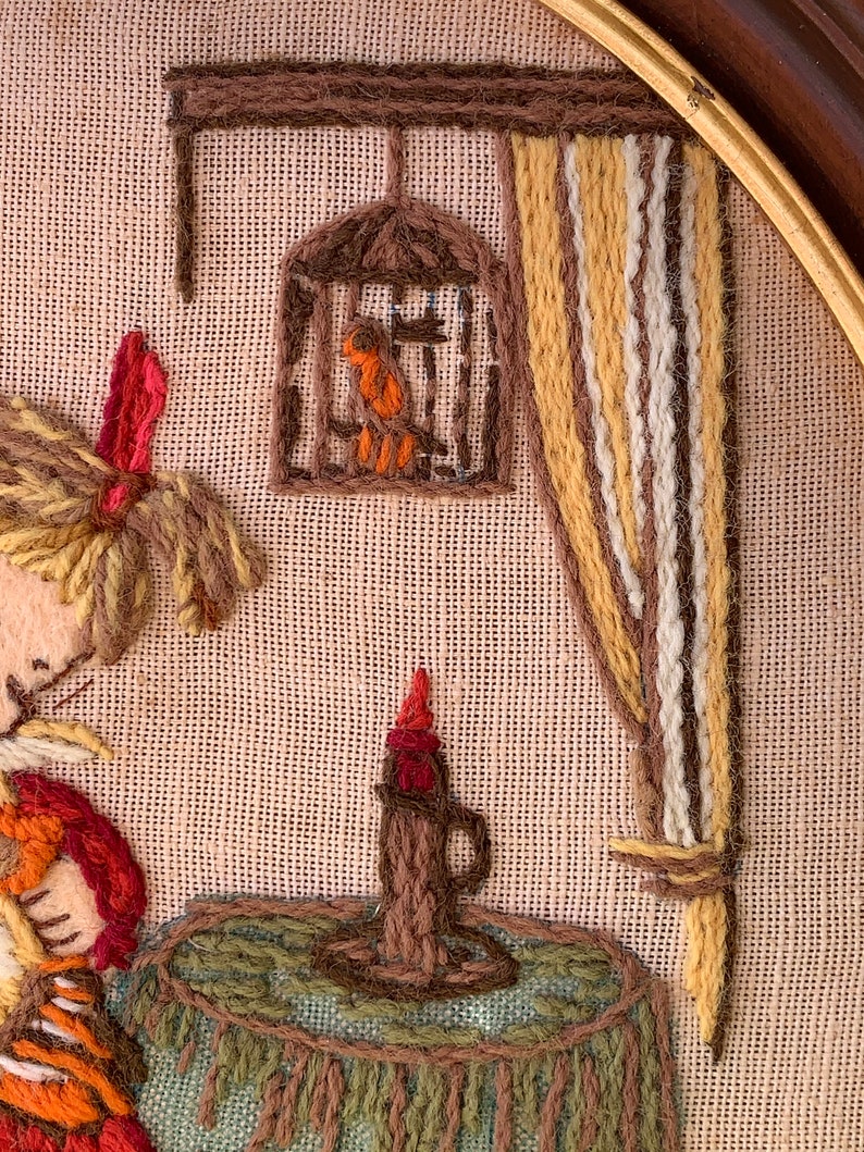 Vintage Hummel Embroidery Framed Crewel Art Child Sewing with Bird
