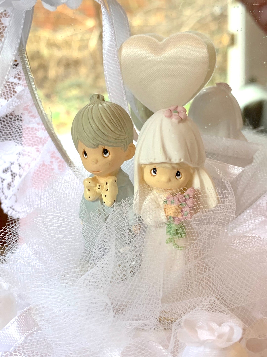 Vintage Mirrored Cake Topper With Heart, Lace, and Tiny Bride and Groom ...