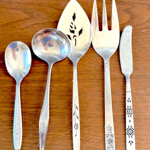 Mid Century Stainless Serving Utensils Five Piece Assorted Lot / MCM Serving Pieces in Assorted Patterns--Sugar, Ladle, Butter, Pie,