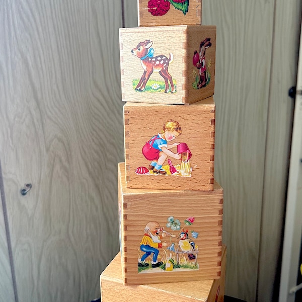 Vintage Wooden Stacking Blocks Set of Six with Colorful Pictures and Dovetail Corners