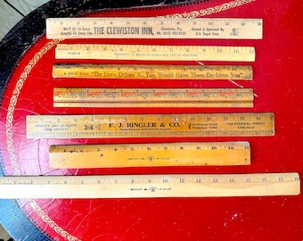 Amazing Lot of 7 Vintage Wooden Rulers: 18&quot;, 15&quot;, 12&quot; Westcott and Advertising