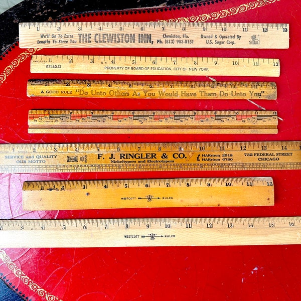 Amazing Lot of 7 Vintage Wooden Rulers: 18", 15", 12" Westcott and Advertising