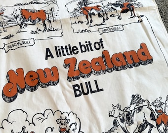 Vintage New Zealand Cowboy Tea Towel / "A Little Bit of New Zealand Bull" / Bull Jokes