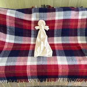Pode incluir: Uma boneca branca vestindo um vestido branco e um chapéu de renda branco está sentada em um cobertor xadrez vermelho, branco e azul.