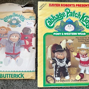 May include: Two sewing pattern packages for Cabbage Patch Kids dolls. The first package is for a hooded sweatshirt, pants, and shoes. The second package is for a cowboy outfit and a cowgirl outfit. Both packages feature illustrations of Cabbage Patch Kids dolls wearing the outfits.