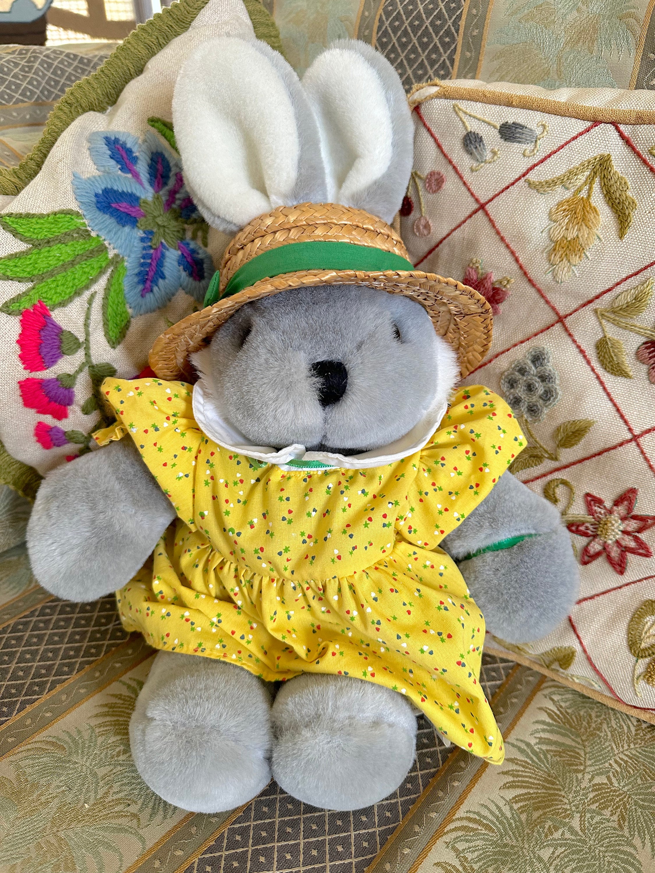 Clean, Sweet Vintage Plush Bunny With Straw Hat and Yellow Dress