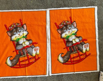 Large Kitty in Rocking Chair Picture Fabric Panel in Orange and Gray / Large Winking Cat Fabric