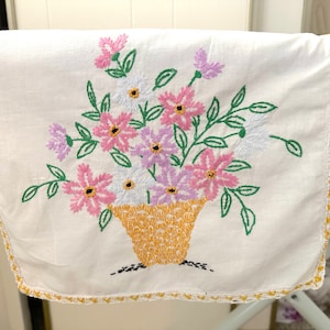 Vintage Floral Embroidered Rectangular Doily for Table, Tray, Vanity / 30 x 12&quot; / Small Runner / Vintage Table Linens