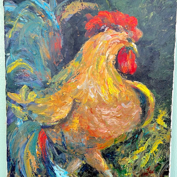 Peinture à l'huile vintage : Mon beau coq / Peinture vintage sans cadre pour cuisine ou salle à manger