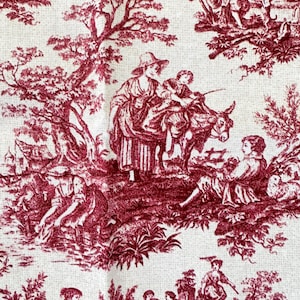 Vintage Red Toile du Jouy Fabric Lightweight Cotton / 37 x 44.5&quot; / Two Pieces Available