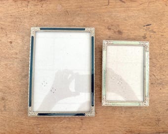 Beautiful Vintage Enamel Green Tinted Picture Frames with Gold Floral Corners Set of Two: 5 x 7" and 3 x 5"