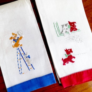 Embroidered Dog Tea Towels, Pair, Vintage Linen Tea Towels with Humorous Dog Embroidery / Dog Lover Gift