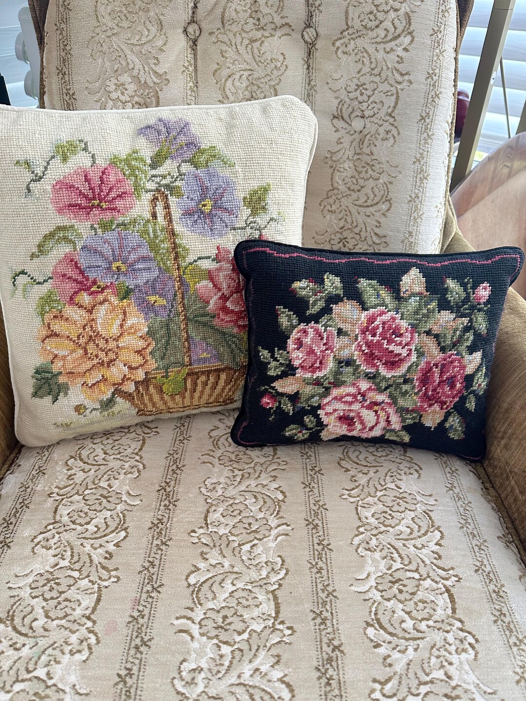 Lovely Needlepoint Floral Accent Pillows, Pair: Small Black and Large ...