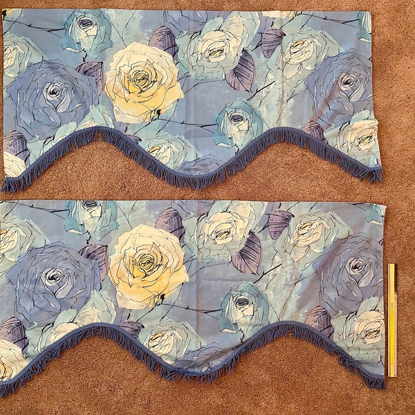 Stunning Vintage Blue and Yellow Rose Valence Pair / Fringed Vintage Valences 45 x 20.5"