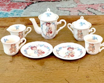 1991 Enesco Doll Tea Set with Little Girl and Teddy Bear Made in Japan