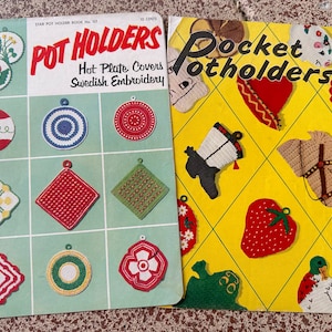 1950s Crochet Potholder Pattern Booklets: Pocket Pot Holders and Swedish Embroidery / 24 Festive, Creative Potholder Patterns