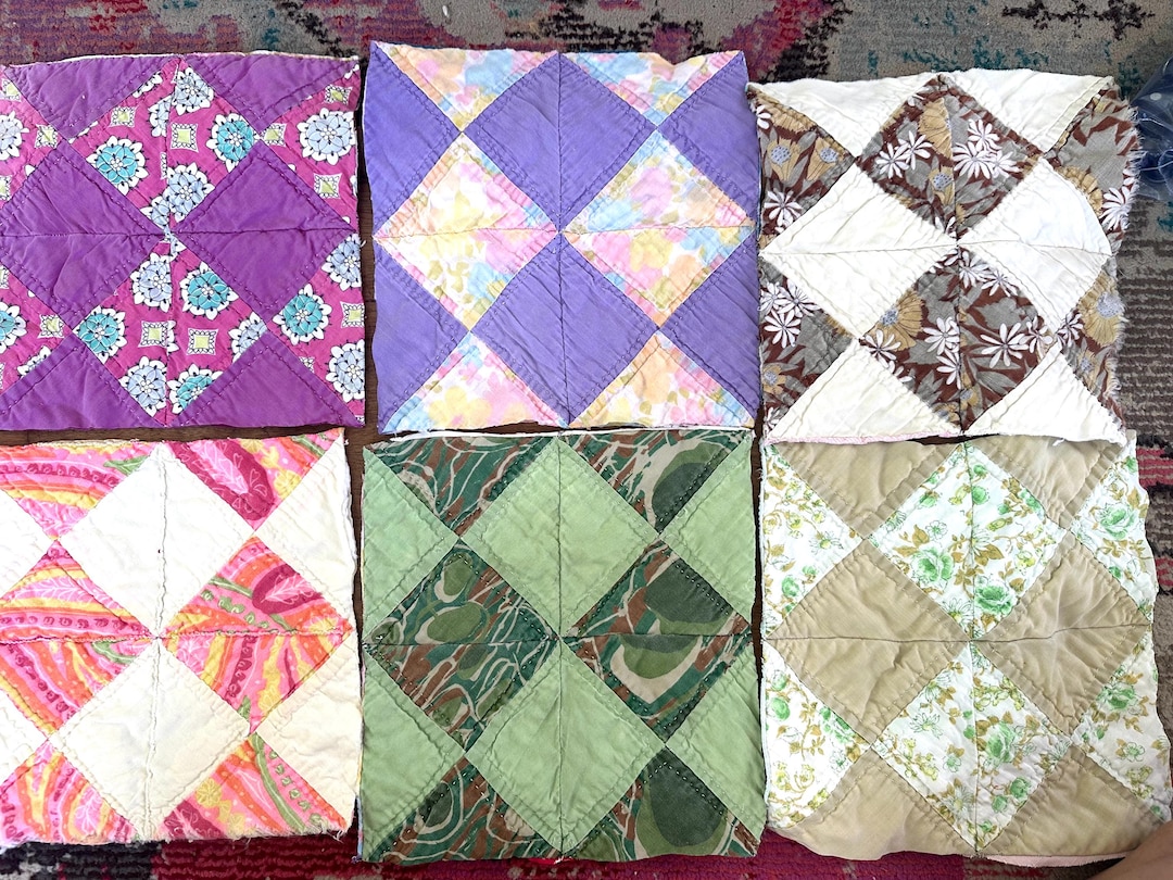 Soft Old Hand-stitched Patchwork Quilted Squares, Your Choice / 9 ...
