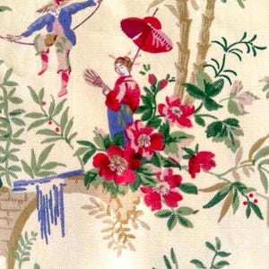 Vintage Waverly Upholstery Fabric Piece / Pale Yellow Asian Toile