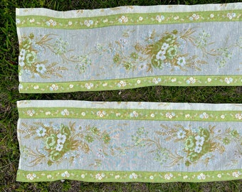 Sweet, Sheer Vintage Valence Pair Green with Flowers / Extra Wide Valences / 82" Wide x 14" Tall with Rod Pockets