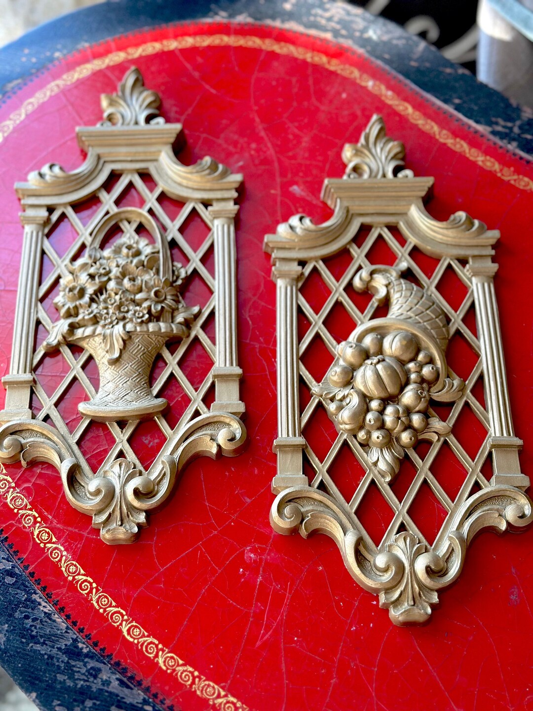 Vintage Syroco Wall Decor, Pair Gold Scrolling Wall Plaques With