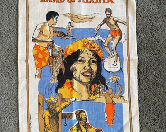 Retro Hawaii Linen Tea Towel Like New / Vintage Hawaii Souvenir Towel with Surfers, Hoola Dancers, and Cowboy