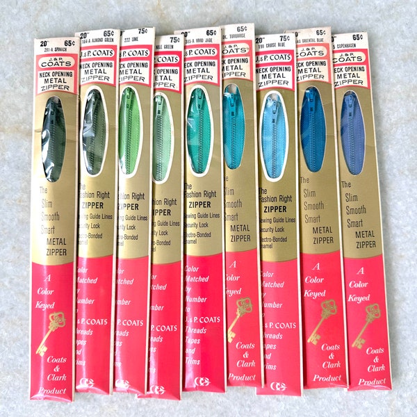 Vintage J.P. Coats Metal Zippers Lot of 9 NIP NOS: Blues and Greens