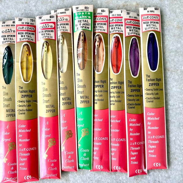 Vintage J.P. Coats Metal Zippers Lot of 9 NIP NOS, Assorted Colors