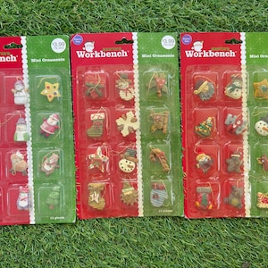Vintage Mini Christmas Tree Ornaments NIP Sets of 12: Resin Figures, Three Options Available